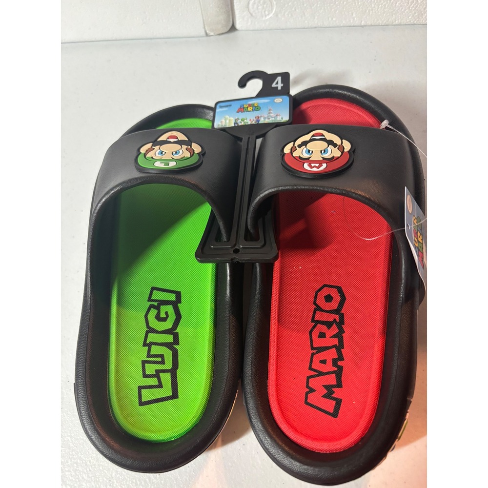 Kids Nintendo Super Mario Luigi Mario Pillow Slide‎ Sandals Black Size 4 NEW